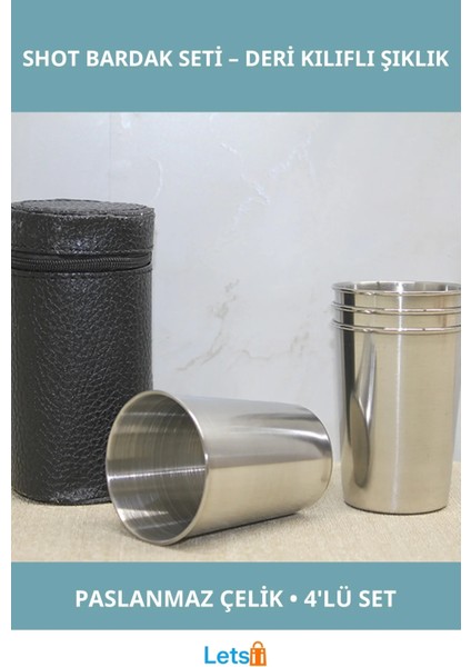 Deri Kılıflı Dayanıklı Paslanmaz Çelik 4'lü Shot Bardak Seti