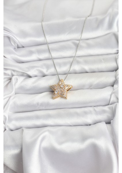 316L Çelik Zincir Gümüş Renk Zincirli Gold Yıldız Model Kadın Kolye - Bamido