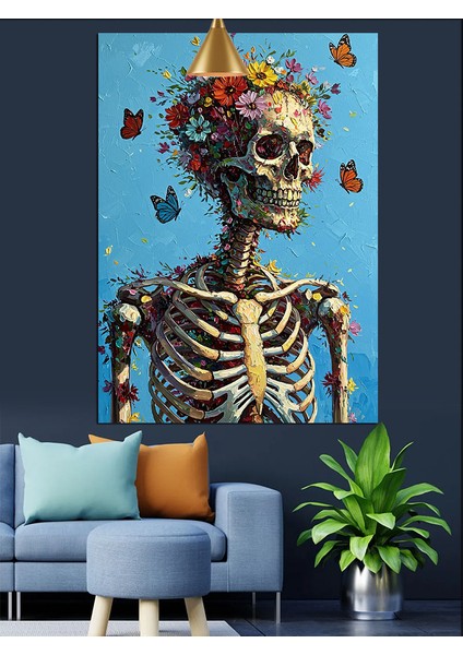 Çiçek Başlı Iskelet Dekoratif Kanvas - Mdf Ahşap Tablo