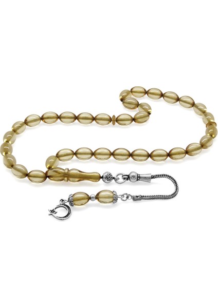 925 Ayar Gümüş Püsküllü Arpa Kesim Bilek Boy Şeffaf Renk Ateş Kehribar Tesbih