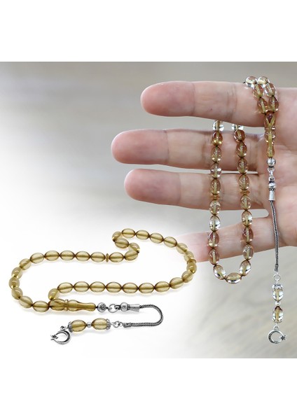 925 Ayar Gümüş Püsküllü Arpa Kesim Bilek Boy Şeffaf Renk Ateş Kehribar Tesbih fiyatları