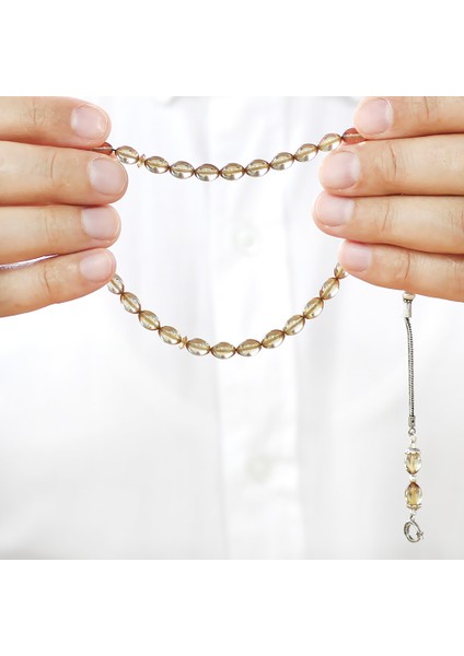 925 Ayar Gümüş Püsküllü Arpa Kesim Bilek Boy Şeffaf Renk Ateş Kehribar Tesbih modelleri