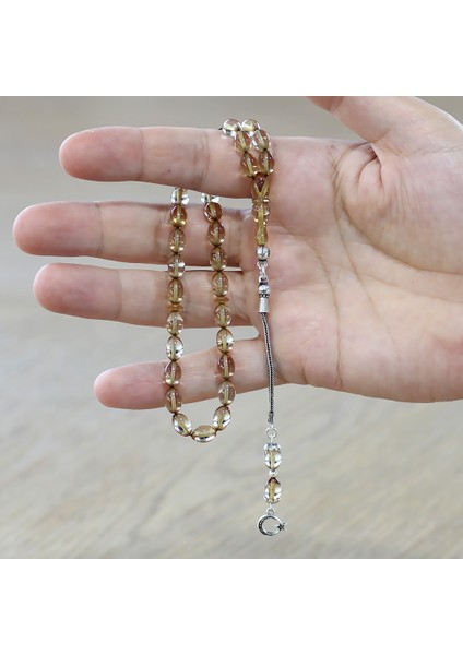 925 Ayar Gümüş Püsküllü Arpa Kesim Bilek Boy Şeffaf Renk Ateş Kehribar Tesbih fırsatları