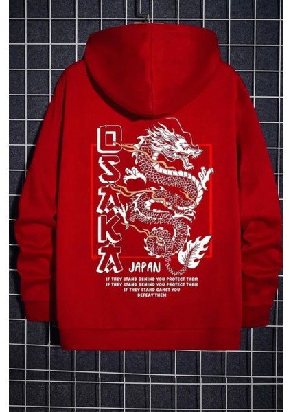 Punıx Büyük Beden Osaka Japan Ejderha Sırt Baskılı Kalın Kışlık Battal Erkek Sweatshırt