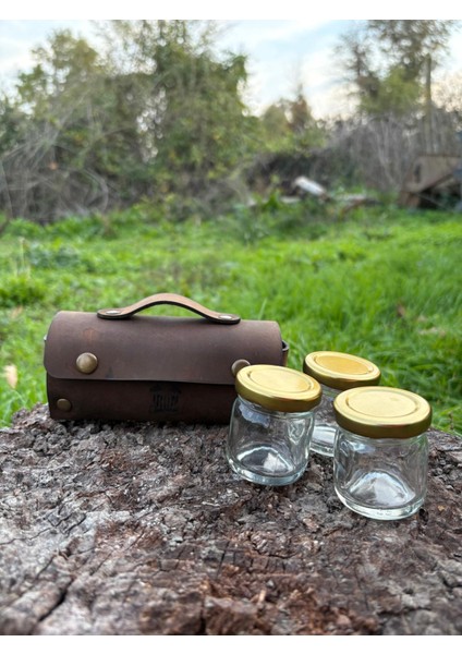 Deri Kılıflı Kavanoz Seti –deri Kamp Baharatlık-Deri Kamp Kahvaltılık Baharat, Bal,reçel,kahve
