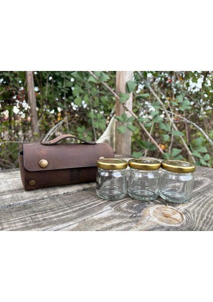 Deri Kılıflı Kavanoz Seti –deri Kamp Baharatlık-Deri Kamp Kahvaltılık Baharat, Bal,reçel,kahve modelleri