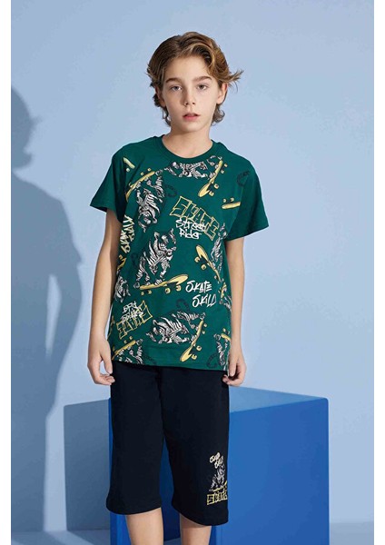 Erkek Çocuk Kaplan T-Shirt Bermuda Alt Penye Süprem Bisiklet Yaka Orta Kalın Pijama TAKIMI-3975 fiyatları