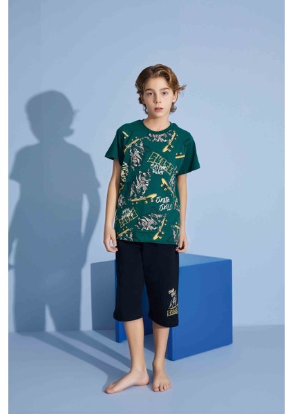 Erkek Çocuk Kaplan T-Shirt Bermuda Alt Penye Süprem Bisiklet Yaka Orta Kalın Pijama TAKIMI-3975 modelleri