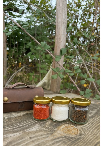 Deri Kılıflı Kavanoz Seti –deri Kamp Baharatlık-Deri Kamp Kahvaltılık Baharat, Bal,reçel,kahve