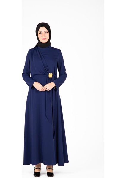 Ön Kısmı Tokalı Lacivert Renk Elbise 9427