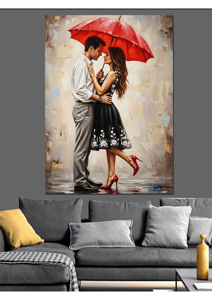 Kırmızı Şemsiyeli Kadın Yağmur Dekoratif Kanvas - Mdf Ahşap Tablo
