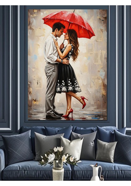 Kırmızı Şemsiyeli Kadın Yağmur Dekoratif Kanvas - Mdf Ahşap Tablo fiyatları
