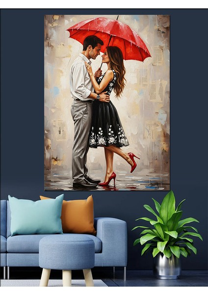 Kırmızı Şemsiyeli Kadın Yağmur Dekoratif Kanvas - Mdf Ahşap Tablo modelleri