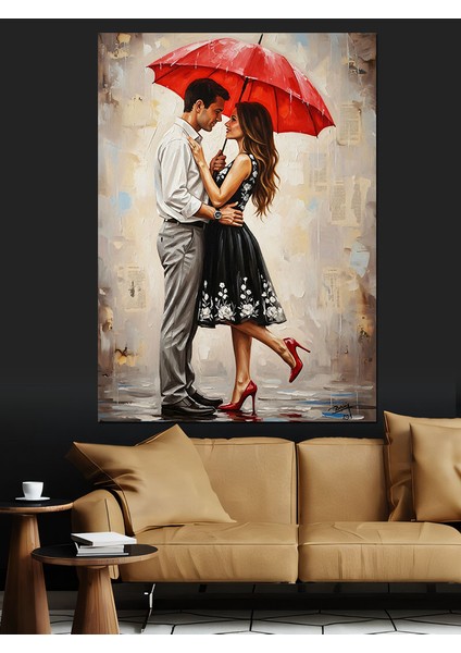 Kırmızı Şemsiyeli Kadın Yağmur Dekoratif Kanvas - Mdf Ahşap Tablo fırsatları