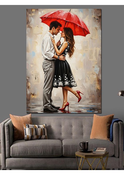 Kırmızı Şemsiyeli Kadın Yağmur Dekoratif Kanvas - Mdf Ahşap Tablo indirimleri