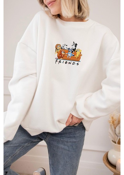 Kadın Premium Kumaş Şardonlu Köpek Baskılı Oversize Sweatshirt