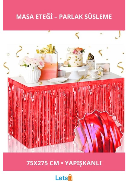 Kendinden Yapışkanlı Kırmızı Metalize Püsküllü Masa Eteği 75X275 cm