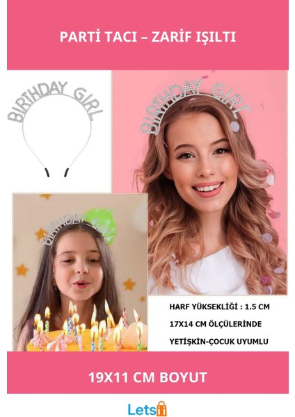 Kristal Taşlı Gümüş Renk Birthday Girl Parti Tacı 19X11 cm