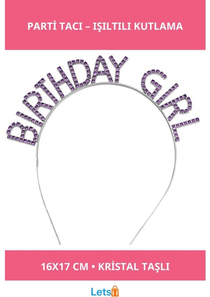 Mor Renk Kristal Taşlı Parlak Doğum Günü Kızı Taçı