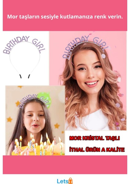 Mor Renk Kristal Taşlı Parlak Doğum Günü Kızı Taçı fiyatları