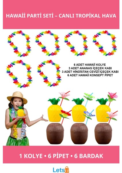 Tropikal Hawaii Temalı Kolye, Pipet ve Bardak Seti