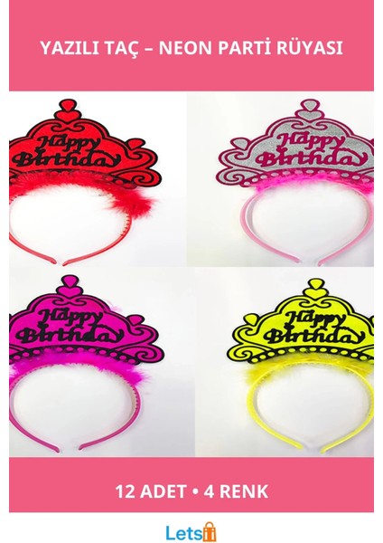 Happy Birthday Yazılı Neon Renk Taç 12 Adet Parti Aksesuarı