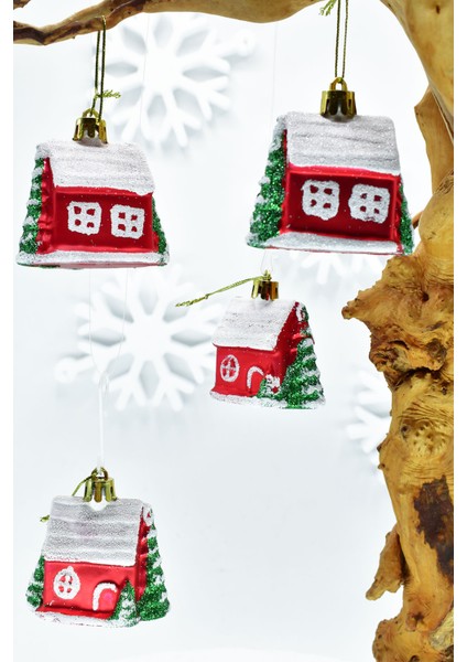 Premium Collection 4lü Beyaz Çatılı Ev Süs Yılbaşı Süsü