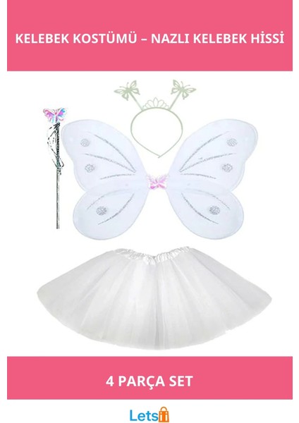 Beyaz Kelebek Tütü Etek Kanat Tacı Asası Kostüm Seti
