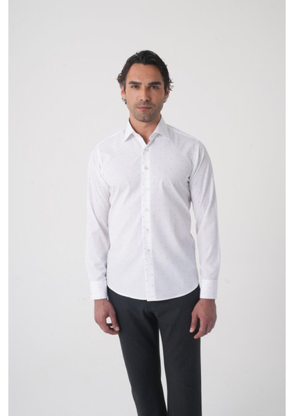 Beyaz Uzun Kol Cepsiz Erkek Gömlek GMKLS250011_D01