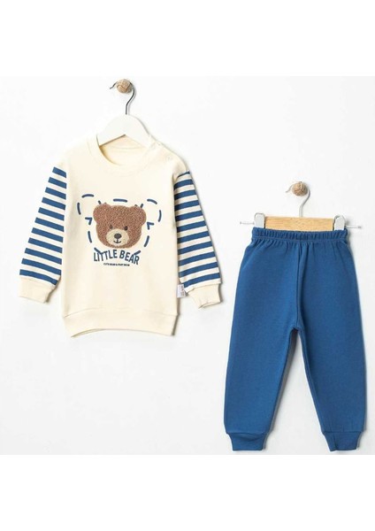 Erkek Bebek Ekru Mavi Çizgili Ayı Nakışlı 2'li Takım - 1016185