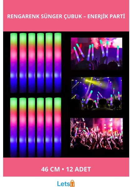 Rengarenk LED Işıklı Sünger Parti Çubuğu 46 cm 12 Adet