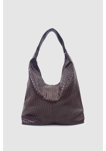 Plaro Örgü Desen Büyük Hacimli Fermuarlı Hobo Omuz Çantası Acı Kahve