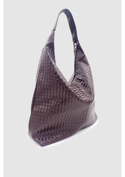 Plaro Örgü Desen Büyük Hacimli Fermuarlı Hobo Omuz Çantası Acı Kahve fiyatları