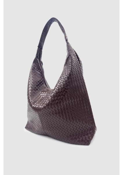 Plaro Örgü Desen Büyük Hacimli Fermuarlı Hobo Omuz Çantası Acı Kahve modelleri