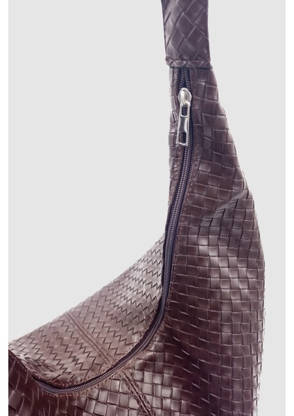 Plaro Örgü Desen Büyük Hacimli Fermuarlı Hobo Omuz Çantası Acı Kahve indirimleri