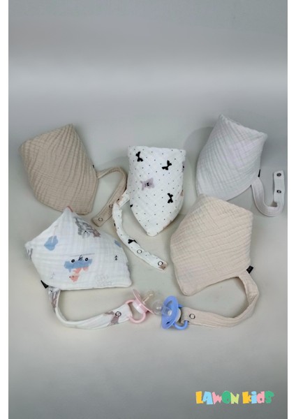 5'li %100 Pamuk 8 Katlı Müslin Emzik Askılı Kız Erkek Bebek Salya ve Mama Önlüğü & Fular