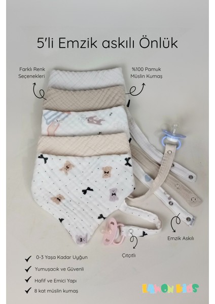 5'li %100 Pamuk 8 Katlı Müslin Emzik Askılı Kız Erkek Bebek Salya ve Mama Önlüğü & Fular fiyatları