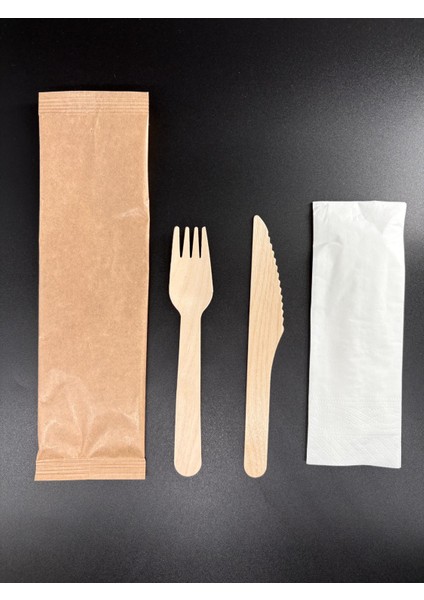Ahşap Set 3+1 (Çatal-Bıçak-Peçete) 50'li Paket