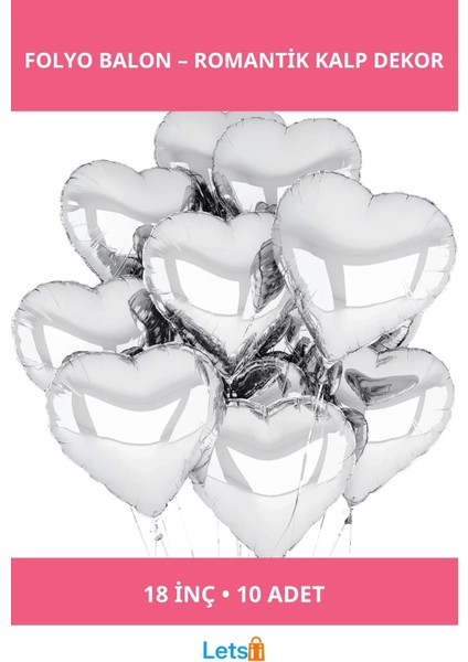 Metalize Parlak Gümüş Kalp Şekilli Uçan Balon 18 Inç 10 Adet