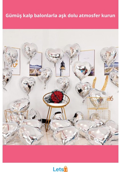 Metalize Parlak Gümüş Kalp Şekilli Uçan Balon 18 Inç 10 Adet fiyatları