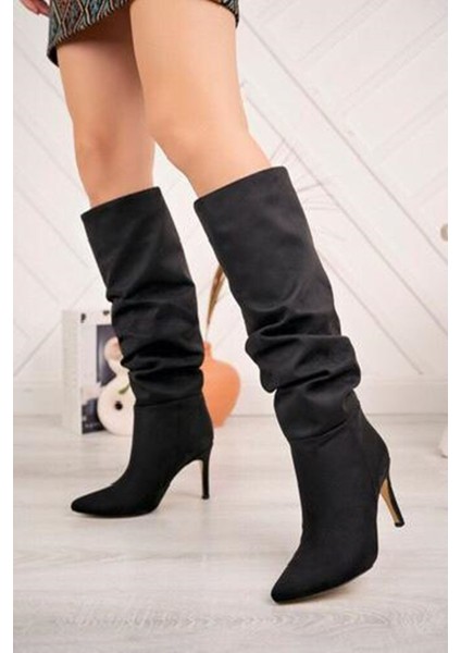 SYT-2003 Siyah Süet Körüklü Ince Topuklu Günlük Bayan Çizme modelleri