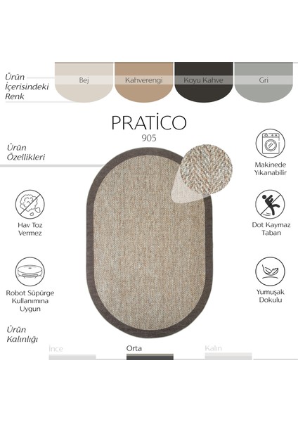 Pratico Kahve Oval Kaymaz Taban Mutfak Halısı Dijital Baskı Sisal Hasır Görünümlü Yıkanabilir Halı fiyatları