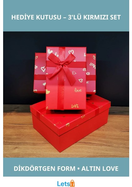 3'lü Kırmızı Kalp Desenli Hediye Kutusu Seti