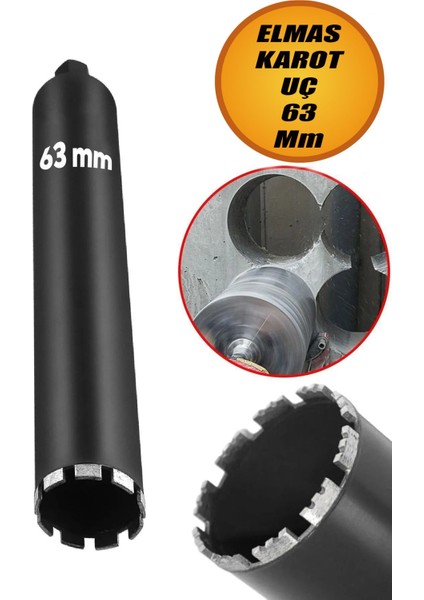 Elmas Karot Ucu 63 mm Beton Zemin Duvar Delme Delik Açma Panç Aparat Uç Deprem Numune Al Test