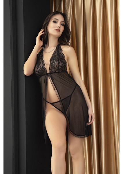 - Siyah Dantel Işlemeli Boyundan Bağlamalı Önden Yırtmaçlı Fantezi Tül Gecelik Takımı fiyatları