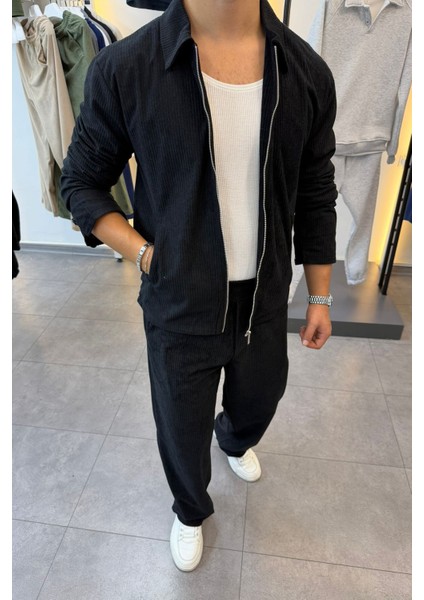 Slimfit Yakalı Astarlı Yan Cep Baggy Pantolonlu Kadife Takım