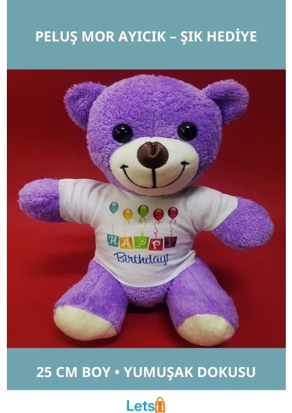 Happy Birthday Tişörtlü Mor Peluş Ayıcık 25 cm