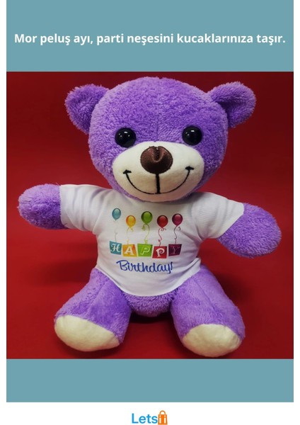 Happy Birthday Tişörtlü Mor Peluş Ayıcık 25 cm fiyatları