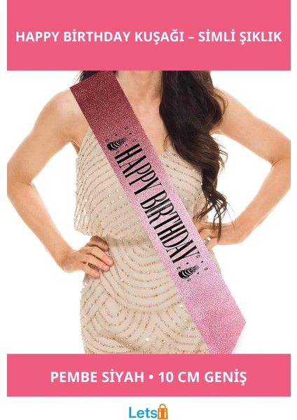 Pembe Siyah Happy Birthday Simli Kuşak Kemer