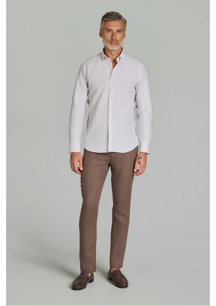 Regular Fit Paşa Yaka Cepsiz Açık Kahve Erkek Gömlek GMKTN250004_D10